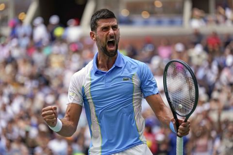 Novak Djokovic, of Serbia, reacts after defeating Taylor Fritz, of the United States, in the quarterfinals of the U.S. Open tennis championships, Tuesday, Sept. 5, 2023, in New York. (AP Photo/Seth Wenig)