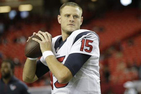 FILE - In this Oct. 4, 2015, file photo, Houston Texans quarterback Ryan Mallett (15) warms up before the first half of an NFL football game against the Atlanta Falcons in Atlanta. Mallett was released by the Texans on Tuesday, Oct. 27, 2015, in the wake of missing the team's charter flight this weekend, a source familiar with the move told The Associated Press. The person spoke on the condition of anonymity because the team hasn't officially announced the move. (AP Photo/David Goldman, File)
