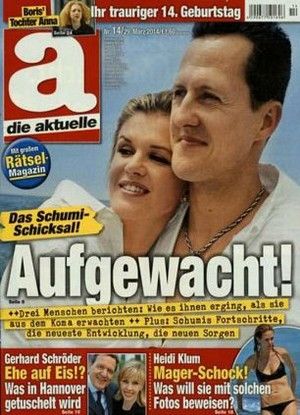 Pictured: the amgazine cover witht he headline Aufgewacht meaning awake 

Angry Michael Schumacher fans have bombarded a German magazine with complaints after they published a picture of the star smiling together with his wife Corinna under the headline "awake".

But fans who rushed to buy the women's magazine Die Aktuelle discovered it was simply full of stories of people who had awoken after a coma, and was nothing to do with the fact that the star himself was now awake.

German publisher of the magazine, the Gong-Verlag, have so far declined to comment on the outrage and allegations that it was simply trying to cash in on the tragedy.

The outrage at the magazine's front page follows reports that wife Corinna, 45, is installing a medical suite costing 10 million GBP in their family home near Lake Geneva in Switzerland, so her husband can be cared for at home instead of the hospital.

The family currently make a 150-mile round trip from their Swiss home every day to visit 45-year-old Schumacher where he is being treated in the Grenoble University Hospital in France.

They have been told by doctors that the F1 racing star is unlikely to wake up from his medically induced coma, which he was put in three months ago to reduce brain swelling following a skiing accident in the Alps where he hit his head on a boulder.
