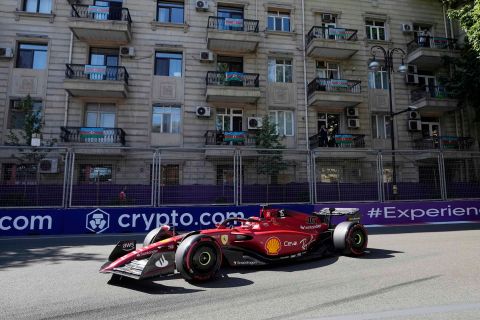 Ferrari driver Charles Leclerc of Monaco steers his car during the third free practice at the Baku circuit, in Baku, Azerbaijan, Saturday, June 11, 2022. The Formula One Grand Prix will be held on Sunday. (AP Photo/Sergei Grits)
