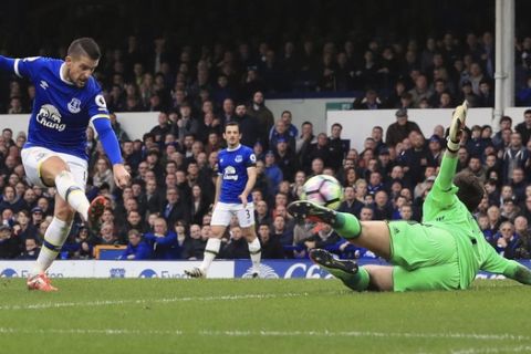 Everton's Kevin Mirallas scores against West Bromwich Albion during the English Premier League soccer match at Goodison Park, Liverpool, England, Saturday March 11, 2017. (Peter Byrne/PA via AP)