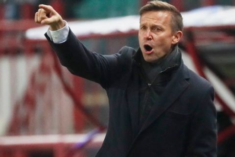 Salzburg's head coach Jesse Marsch gestures during the Champions League, group A, soccer match between Lokomotiv Moscow and RB Salzburg at the Lokomotiv stadium in Moscow, Russia, Tuesday, Dec. 1, 2020. (Maxim Shipenkov/Pool via AP)