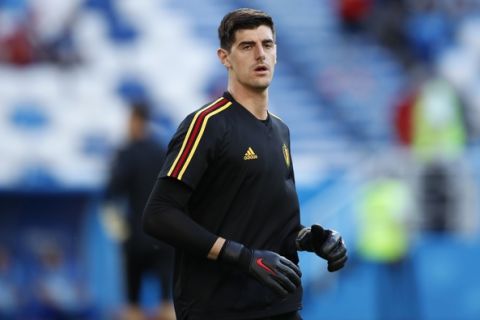 Belgium goalkeeper Thibaut Courtois warms up prior to the group G match between England and Belgium at the 2018 soccer World Cup in the Kaliningrad Stadium in Kaliningrad, Russia, Thursday, June 28, 2018. (AP Photo/Hassan Ammar)