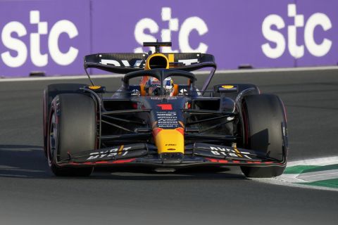 Red Bull driver Max Verstappen of the Netherlands steers his car during the first free practice ahead of the Formula One Grand Prix at the Jeddah corniche circuit in Jeddah, Saudi Arabia, Friday, March 17, 2023. (AP Photo/Luca Bruno)