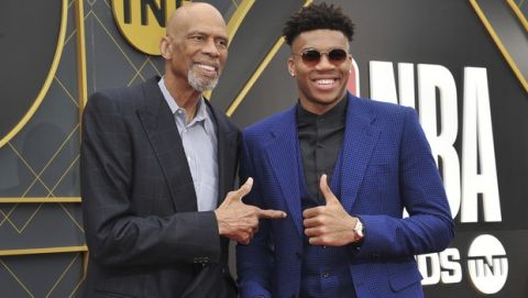 Kareem Abdul-Jabbar, left, and NBA player Giannis Antetokounmpo, of the Milwaukee Bucks, arrives at the NBA Awards on Monday, June 24, 2019, at the Barker Hangar in Santa Monica, Calif. (Photo by Richard Shotwell/Invision/AP)