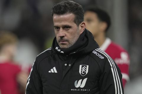 Fulham's head coach Marco Silva is seen before the English League Cup semi final second leg soccer match between Fulham and Liverpool, at Craven Cottage stadium in London, England, Wednesday, Jan. 24, 2024. (AP Photo/Kin Cheung)