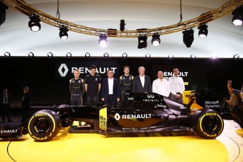 GHOSN Carlos Renault President launching the Renault R.S. 16 with STOLL Jerome (fra) Renault Sport F1 president with ABITEBOUL Cyril (fra) Renault Sport F1 managing director and VASSEUR Frederic (fra) team manager Renault Sport F1 team and drivers PALMER Jolyon (gbr), MAGNUSSEN Kevin (dan) and OCON Esteban (fra) Renault F1 tests driver  ambiance portrait during the Renault Sport F1 launch at Guyancourt Technocentre, France on february 3 2016 -  Photo Frederic Le Floc'h / DPPI