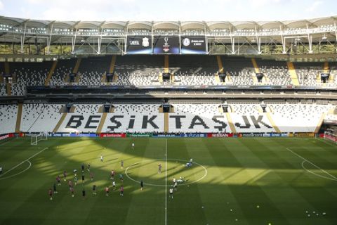 Chelsea's players warm up during a training session at the Besiktas Park Stadium, in Istanbul, Tuesday, Aug. 13, 2019. The winners of Champions League, Liverpool and Europa League, Chelsea will play at the Super Cup soccer match on Wednesday. (AP Photo/Lefteris Pitarakis)