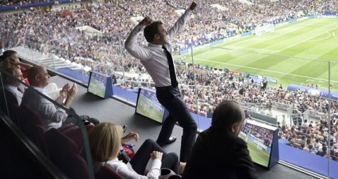 French President Emmanuel Macron reacts during the final match between France and Croatia at the 2018 soccer World Cup in the Luzhniki Stadium in Moscow, Russia, Sunday, July 15, 2018. (Alexei Nikolsky, Sputnik, Kremlin Pool Photo via AP)