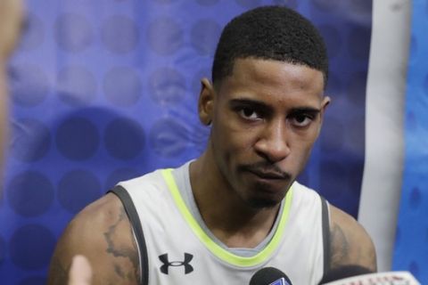 Charles Matthews speaks with the media during the second day of the NBA draft basketball combine in Chicago, Friday, May 17, 2019. (AP Photo/Nam Y. Huh)