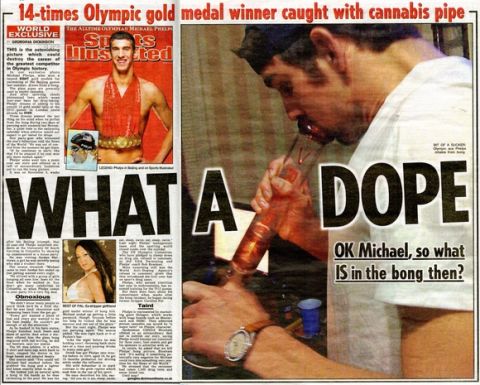 Inside page 8 & 9 of the News of the World dated 31.01.2009 with the headline What A Dope. Re: Michael Phelps and cannabis pipe.
