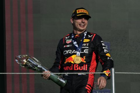 Red Bull driver Max Verstappen of the Netherlands celebrates on the podium after winning the Formula One Mexico Grand Prix auto race at the Hermanos Rodriguez racetrack in Mexico City, Sunday, Oct. 29, 2023. (AP Photo/Fernando Llano)