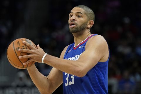 Los Angeles Clippers forward Nicolas Batum plays during the first half of an NBA basketball game, Sunday, March 13, 2022, in Detroit. (AP Photo/Carlos Osorio)