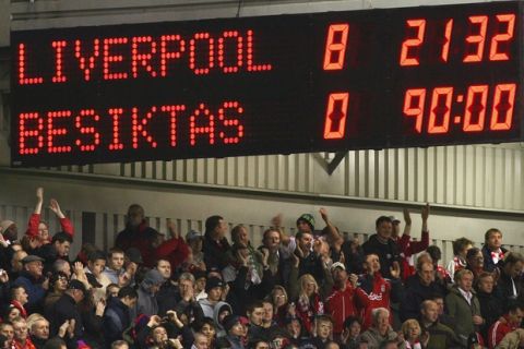 LIVERPOOL, UNITED KINGDOM - NOVEMBER 06:  General view of a scoreboard displaying the final score at the end of the UEFA Champions League Group A match between Liverpool and Besiktas at Anfield on November 6, 2007 in Liverpool, England.  (Photo by Alex Livesey/Getty Images)