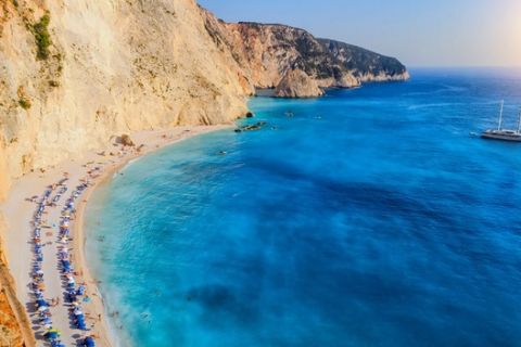 Aerial view of the famous beach of Porto Katsiki on the island of Lefkada in the Ionian Sea in Greece