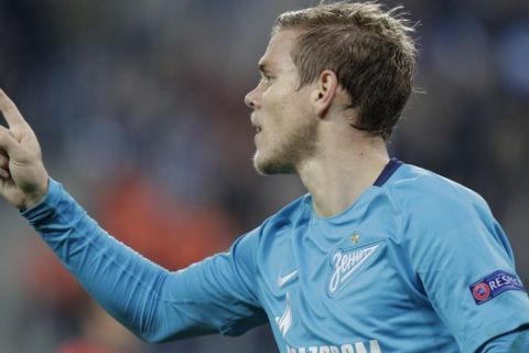Zenit's Aleksandr Kokorin celebrates his goal during a Europa League, Group L, soccer match between Zenit St. Petersburg and Real Sociedad in St. Petersburg, Russia, Thursday, Sept. 28, 2017. (AP Photo/Dmitri Lovetsky)