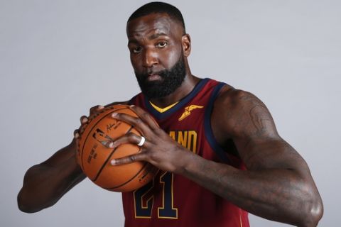 Cleveland Cavaliers' Kendrick Perkins poses for a portrait during the NBA basketball team media day, Monday, Sept. 25, 2017, in Independence, Ohio. (AP Photo/Ron Schwane)