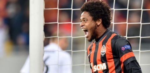 FC Shakhtar Donetsk's Luiz Adriano celebrates after scoring during the UEFA Champions League football match between FC Shakhtar Donetsk and FC BATE Borisov in Lviv on November 5, 2014. AFP PHOTO/ SERGEI SUPINSKY        (Photo credit should read SERGEI SUPINSKY/AFP/Getty Images)