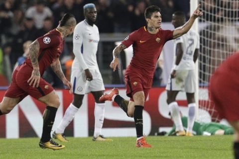 Roma's Diego Perotti celebrates after scoring his side's third goal during the Champions League group C soccer match between Roma and Chelsea, at the Olympic stadium in Rome, Tuesday, Oct. 31, 2017. (AP Photo/Andrew Medichini)
