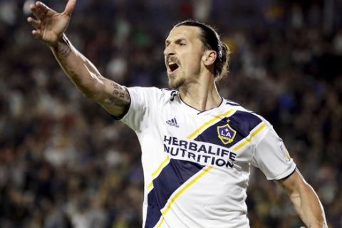 LA Galaxy forward Zlatan Ibrahimovic reacts after his goal was disallowed during the second half of an MLS soccer match against the New York Red Bulls, Saturday, April 28, 2018, in Carson, Calif. The Red Bulls won 3-2. (AP Photo/Chris Carlson)