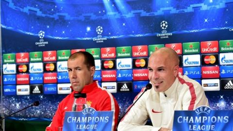 Monaco's Portuguese head coach Leonardo Jardim (L) and Monaco's Italian defender Andrea Raggi attend a press conference on the eve of the UEFA Champions League football match Juventus vs Monaco at "Juventus Stadium " in Turin on April 13, 2015. AFP PHOTO / GIUSEPPE CACACE        (Photo credit should read GIUSEPPE CACACE/AFP/Getty Images)