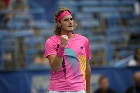 Stefanos Tsitsipas, of Greece, reacts during a match against David Goffin, of Belgium, during the Citi Open tennis tournament, Friday, Aug. 3, 2018, in Washington. (AP Photo/Nick Wass)