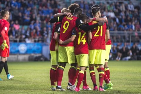 Belgium's team players celebrate after scoring a goal during the World Cup Group H qualifying match between Estonia and Belgium at the A. Le Coq Arena in Tallinn, Estonia, Friday, June 9, 2017. (AP Photo/Marko Mumm)