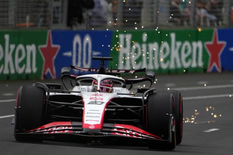 Haas driver Kevin Magnussen of Denmark races through a corner during qualifying ahead of the Australian Formula One Grand Prix at Albert Park in Melbourne, Saturday, April 1, 2023. (AP Photo/Scott Barbour)
