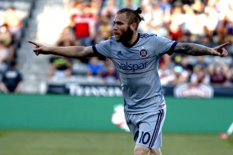 Chicago Fire forward Aleksandar Katai (10) in the first half of an MLS soccer match Wednesday, June 13, 2018, in Commerce City, Colo. (AP Photo/David Zalubowski)