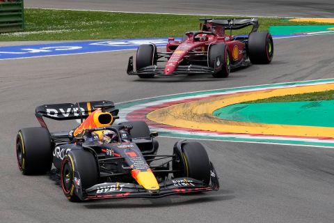 Red Bull driver Max Verstappen, bottom, of the Netherlands and Ferrari driver Charles Leclerc of Monaco steer their car during the second free practice for Sunday's Emilia Romagna Formula One Grand Prix, at the Enzo and Dino Ferrari racetrack, in Imola, Italy, Saturday, April 23, 2022. (AP Photo/Luca Bruno)