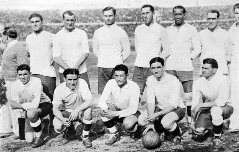 Uruguay team group: (back row, l-r) Alvaro Gestido, Jose Nasazzi, Enrique Ballestero, Ernesto Mascheroni, Jose Andrade, Lorenzo Fernandez; (front row, l-r) Pablo Dorado, Hector Scarone, Hector Castro, Pedro Cea, Santos Iriarte