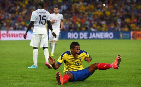RIO DE JANEIRO, BRAZIL - JUNE 25: Michael Arroyo of Ecuador reacts to a missed chance during the 2014 FIFA World Cup Brazil Group E match between Ecuador and France at Maracana on June 25, 2014 in Rio de Janeiro, Brazil.  (Photo by Julian Finney/Getty Images)