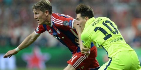 Bayern Munich's midfielder Bastian Schweinsteiger (L) and Barcelona's Argentinian forward Lionel Messi vie for the ball during UEFA Champions League semi-final second leg football match FC Bayern Munich vs FC Barcelona in Munich, southern Germany, on May 12, 2015.     AFP PHOTO / CHRISTOF STACHE        (Photo credit should read CHRISTOF STACHE/AFP/Getty Images)