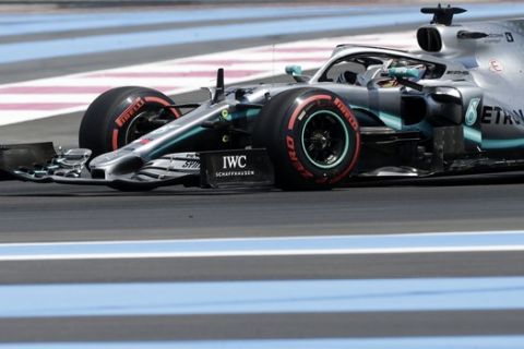 Mercedes driver Lewis Hamilton of Britain steers his car during the third practice at the Paul Ricard racetrack in Le Castellet, southern France, Saturday, June 22, 2019. The French Formula One Grand Prix will be held on Sunday. (AP Photo/Claude Paris)