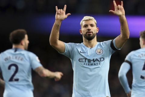 Manchester City's Sergio Aguero celebrates after scoring his side's fifth goal during the English Premier League soccer match between Manchester City and Chelsea at Etihad stadium in Manchester, England, Sunday, Feb. 10, 2019. (AP Photo/Jon Super)