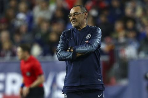 Chelsea head coach Maurizio Sarri on the sideline during the second half of a friendly soccer match against the New England Revolution, Wednesday, May 15, 2019, in Foxborough, Mass. (AP Photo/Stew Milne)