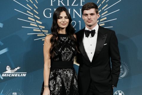 Formula One world champion Max Verstappen of the Netherlands and his girlfriend Kelly Piquet pose prior to the FIA Prize Giving ceremony in Paris, France, Thursday, Dec. 16, 2021. (AP Photo/Thibault Camus)