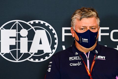 Otmar Szafnauer, Team Principal and CEO, Racing Point, attends a media conference ahead of Sunday's Emilia Romagna Formula One Grand Prix, at the Enzo and Dino Ferrari racetrack, in Imola, Italy, Friday, Oct. 30, 2020. (Mark Sutton, Pool via AP)