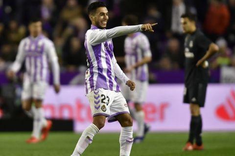 Real Valladolid's Anuar Mohamed celebrates a goal of his team against Real Madrid's during the Spanish La Liga soccer match between Real Madrid and Valladoid FC at Jose Zorrila New stadium in Valladolid, northern Spain, Sunday, March 10, 2019. (AP Photo/Alvaro Barrientos)