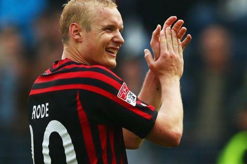 FRANKFURT AM MAIN, GERMANY - MAY 04: Sebastian Rode of Frankfurt celebrates after the Bundesliga match between Eintracht Frankfurt and Fortuna Duesseldorf 1895 at Commerzbank-Arena on May 4, 2013 in Frankfurt am Main, Germany.  (Photo by Alex Grimm/Bongarts/Getty Images)