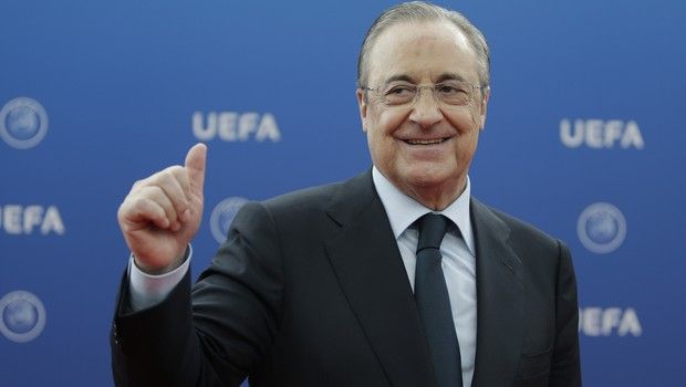 Real Madrid President Florentino Perez gives a thumps up as he arrives for the UEFA Champions League draw at the Grimaldi Forum, in Monaco, Thursday, Aug. 30, 2018. (AP Photo/Claude Paris)