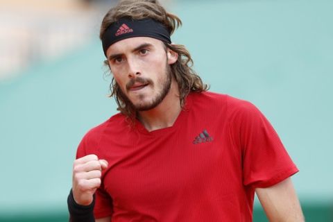 Stefanos Tsitsipas of Greece during his final match of the Monte Carlo Tennis Masters tournament against Andrey Rublev of Russia in Monaco, Sunday, April 18, 2021. (AP Photo/Jean-Francois Badias)