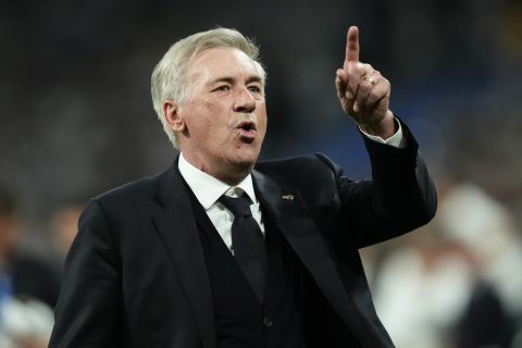 Real Madrid's head coach Carlo Ancelotti reacts after winning the Champions League semifinal second leg soccer match between Real Madrid and Bayern Munich at the Santiago Bernabeu stadium in Madrid, Spain, Wednesday, May 8, 2024. Real Madrid won 2-1. (AP Photo/Jose Breton)