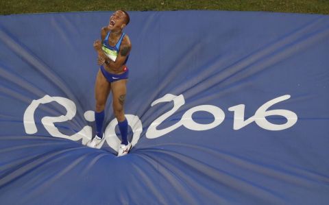 United States' Inika Mcpherson reacts to a miss in the high jump finals during the athletics competitions of the 2016 Summer Olympics at the Olympic stadium in Rio de Janeiro, Brazil, Saturday, Aug. 20, 2016. (AP Photo/Morry Gash)