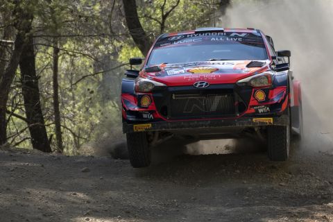 Ott Tanak of Estonia and co-driver Martin Jarveoja with the Hyundai i20 Coupe WRC car compete in the WRC Acropolis Rally at the stage of Aghii Theodori, west of Athens, on Friday, Sept. 10, 2021. The World Rally Championship returned to Greece after an eight-year absence. (AP Photo/Petros Giannakouris)