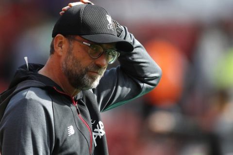 Liverpool's manager Jurgen Klopp prior the English Premier League soccer match between Liverpool and Newcastle at Anfield stadium in Liverpool, England, Saturday, Sept. 14, 2019. (AP Photo/Rui Vieira)