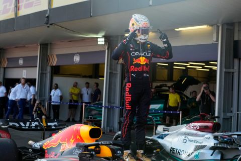 Red Bull driver Max Verstappen of the Netherlands celebrates after winning the Azerbaijan Formula One Grand Prix at the Baku circuit, in Baku, Azerbaijan, Sunday, June 12, 2022. (AP Photo/Sergei Grits)