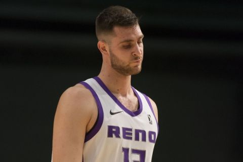RENO, NV - NOV 10: Georgios Papagiannis #13 of the Reno Bighorns walks off the court during a timeout against the Austin Spurs during an NBA G-League game on Nov. 10, 2017 at the Reno Events Center in Reno, Nev. NOTE TO USER: User expressly acknowledges and agrees that, by downloading and or using this photograph, User is consenting to the terms and conditions of the Getty Images License Agreement. Mandatory Copyright Notice: Copyright 2017 NBAE (Photo by David Calvert/NBAE via Getty Images)