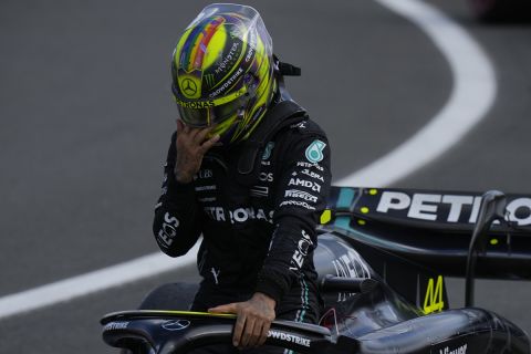 Mercedes driver Lewis Hamilton of Britain reacts after the British Formula One Grand Prix race at the Silverstone racetrack, Silverstone, England, Sunday, July 9, 2023. (AP Photo/Luca Bruno)