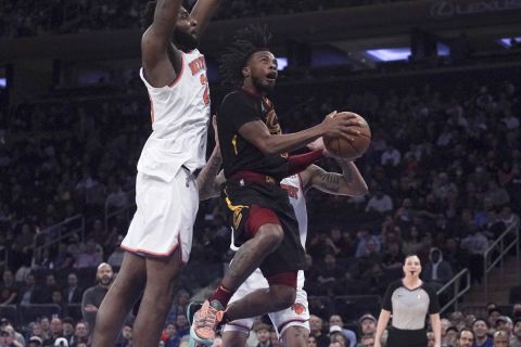 Cleveland Cavaliers guard Tim Frazier (10) goes for basket against the New York Knicks during the first half of an NBA basketball game Saturday April 2, 2022, in New York. (AP Photo/Bebeto Matthews)